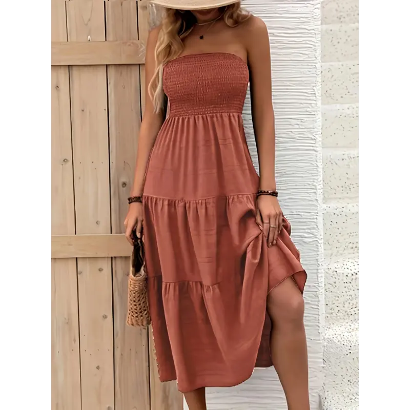 Women's Solid Color Sleeveless Bandeau Neck Shirred Tube Dress - Polyester Spandex Fabric, Backless Cut, Layered Look, Women's Solid Color Sleeveless Bandeau Neck Shirred Tube Dress - Polyester Spandex Fabric, Backless Cut, Layered Look,