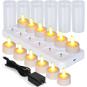 Rechargeable Candles Flameless Flickering Candles Tealights 12 count/Set with White Base, Decoration Parties, Weddings, Bar, Family, Dinner Outdoor Picnic