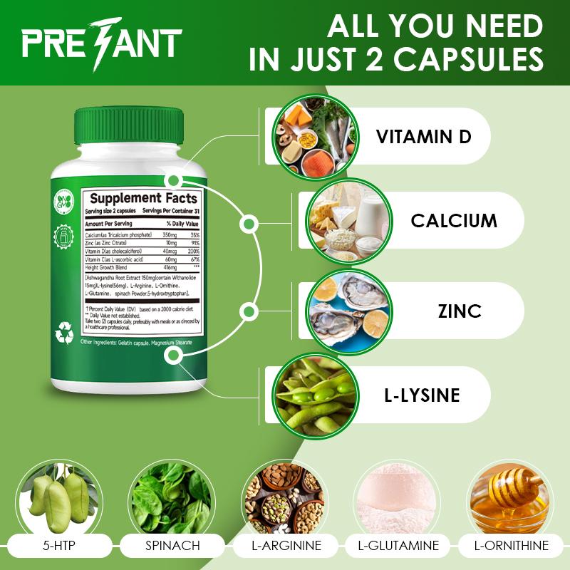 2025PRETANT Growth Support Capsules – Natural Nutritional Formula with Calcium for Bone Strength & Development | Daily Wellness Supplement