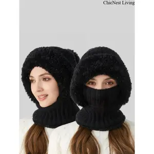 ChicNest Living Women's Solid Color Pom Pom Decor Beanie Hat, Casual Warm Thickened Knit Hat for Fall & Winter, Fashion Accessories for Women & Girls Bonnet With Bunny Ears Bonnet