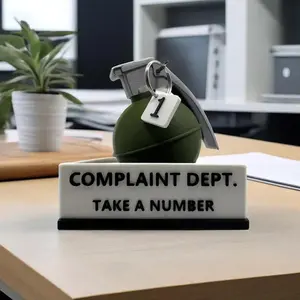 Grenade "Complaints Department" Desk Sign - 3D Printed Office Humor Decor with "Take a Number", Perfect Prank Gift for Colleagues, Bosses & Holidays, Novelty Desk Decor