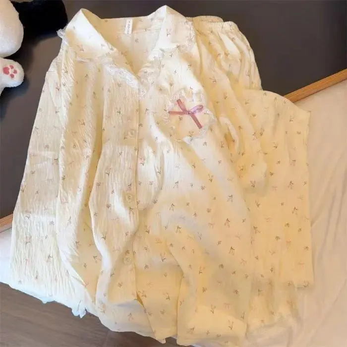 Autumn Sweet Princess Style Lace Bow Cloud Cotton Long-Sleeved Trousers Cardigan Pyjamas Young Girl Student Cute Pyjama Set