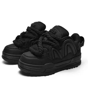 Q-AND Men All Black Platform Skate Shoes, Thick Twisted Rope Laces Chunky Sneakers, Streetwear Height Increasing Casual Board Shoes