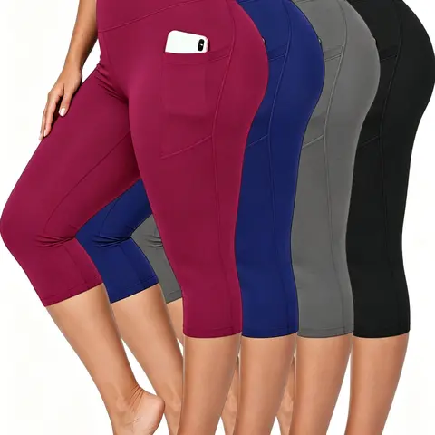 Women's Plus-Size High-Waisted 7/8 Capri Athletic Base Layer Activewear, Soft Quick-Dry Sport-Ready Synthetics, Tummy Control, Butt-Lift Shape, Hidden Pocket, Compression Bottoms for Yoga Running, Spring-Summer, Back to School