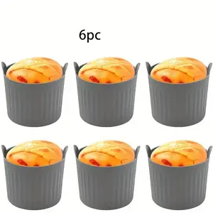 Black Silicone Air Fryer Baking Cupcake Pan Set (6pcs/Non-Stick/Food-Grade) Perfect for Eggs, Cupcakes, Muffins, Puddings, Tarts, and Custard - Versatile Kitchen Accessory for Healthy Cooking