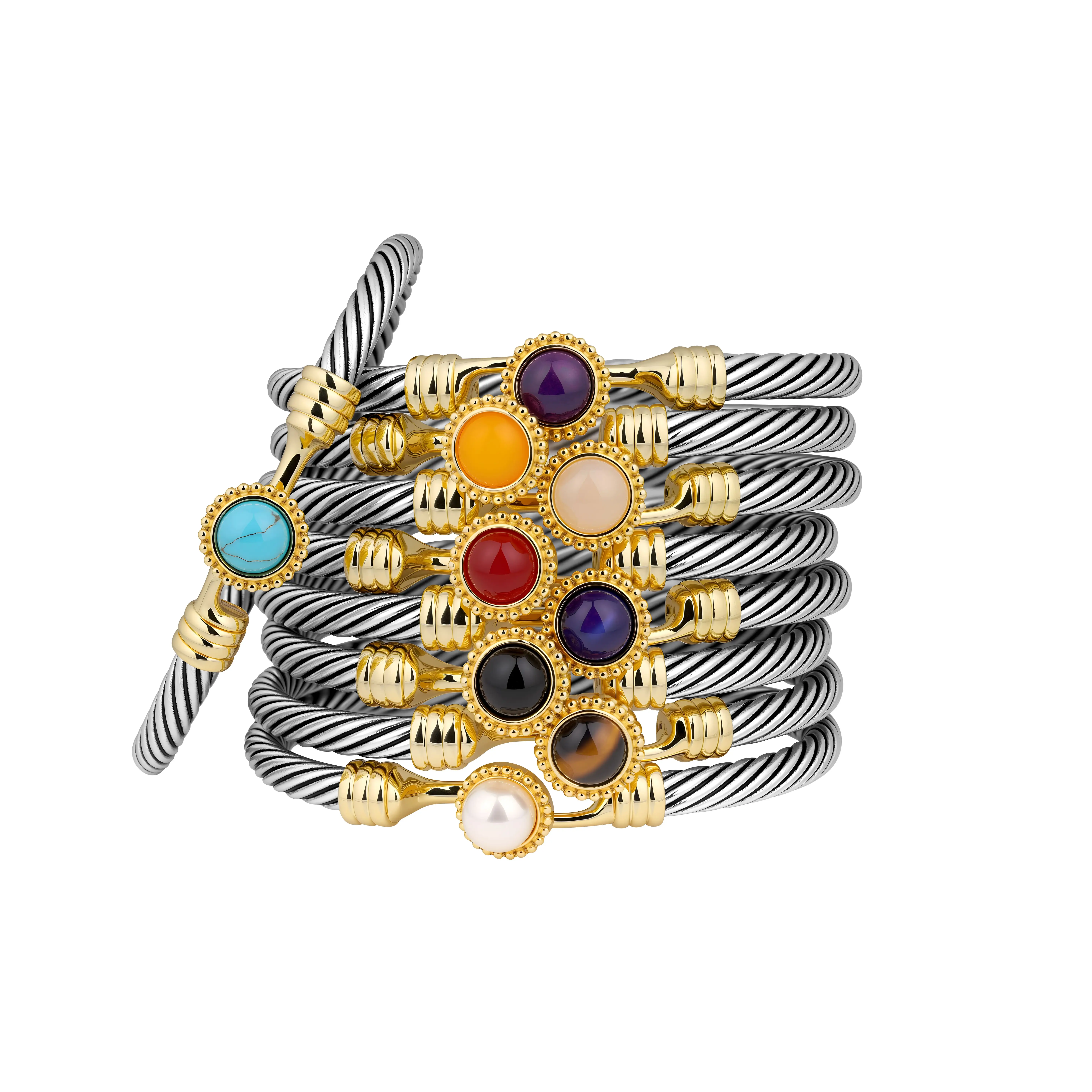 Aprilery "Bring Positive Energy" Healing Crystal Cuff Bracelet Collection – Natural Gemstone Mixed Metal Jewelry Bangle with Hook Clasp-FallFreshness