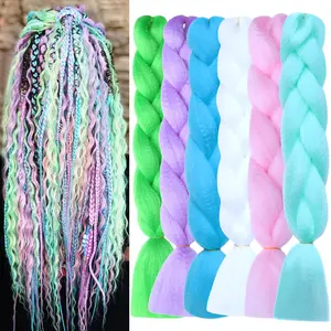 Colorful Braiding Hair Jumbo Braids Hair 24inch 6pcs Kanekalon Multi Color Braid Hair Pre Stretched Rainbow Colored Hair Extensions for Braiding for Kids Girls Women