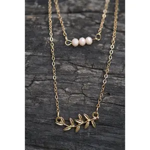 Gold Layered Necklace with Leaf Pendant and Beaded Bar Charm