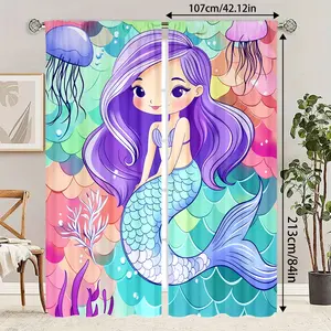 2-piece set of cartoon mermaid ocean printed curtains - machine washable semi transparent polyester fiber material, modern design, home decorator, 2D flat, bedroom and living room curtains, kitchen curtains
