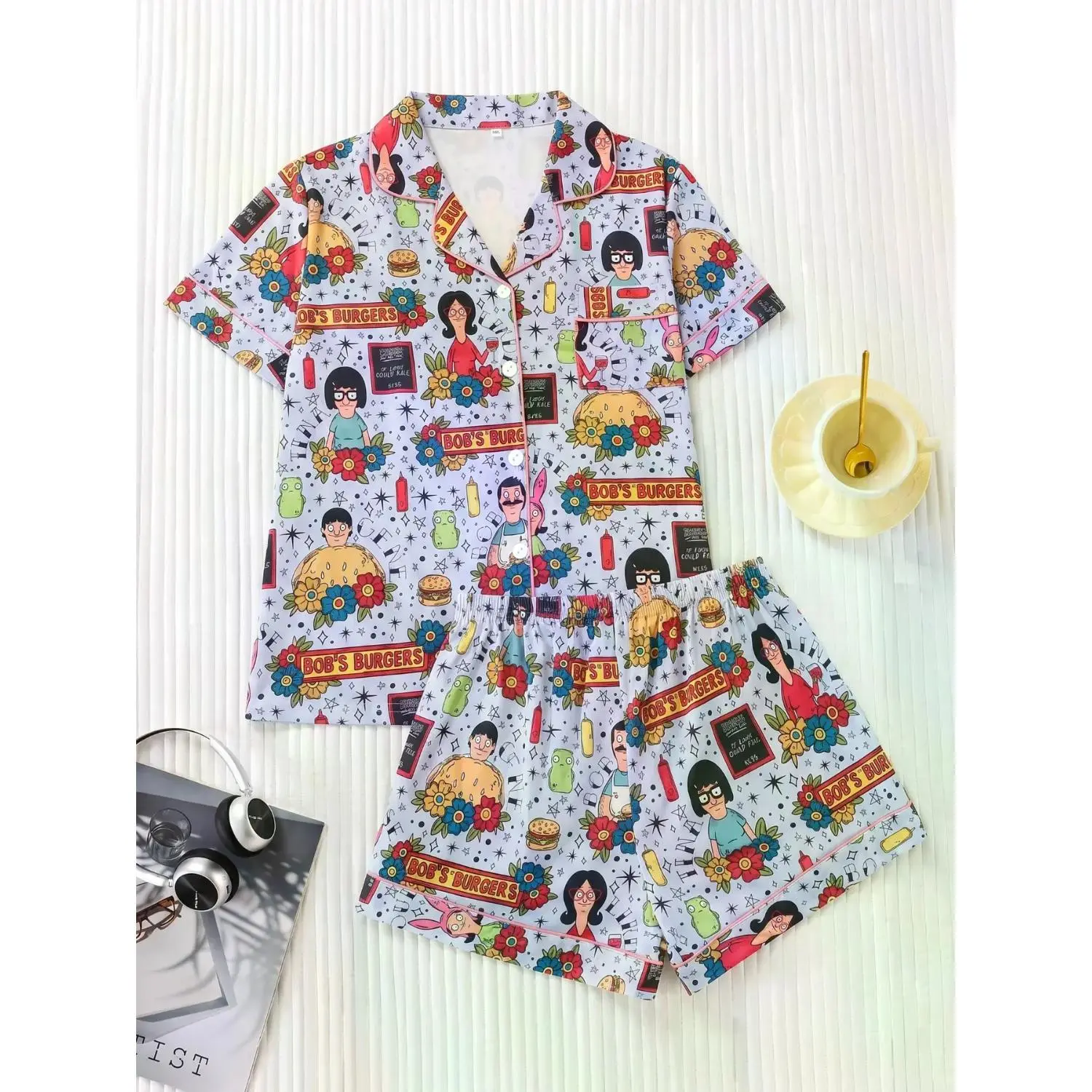 Women's Cartoon Print Pajama Set - Short Sleeve Button Collar Top & Comfy Loose Shorts, Fashionable Lounge Sleepwear
