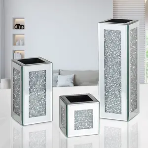 3pcs Luxury Glass Mirror Vase Set, Crystal Crushed Diamonds Crafted Flower Vases, Fake Flowers Not Suitable for Water, Elegant Home Decor, Home Decorative Vase, Table Decor, Centerpiece