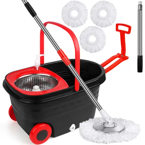Spin Mop and Bucket with Wringer Set on Wheels, 360° Spinning Mop Bucket System with 3 Microfiber Mop Replacement Heads and 61" Stainless Steel Adjustable Handle for Floor Cleaning Black
