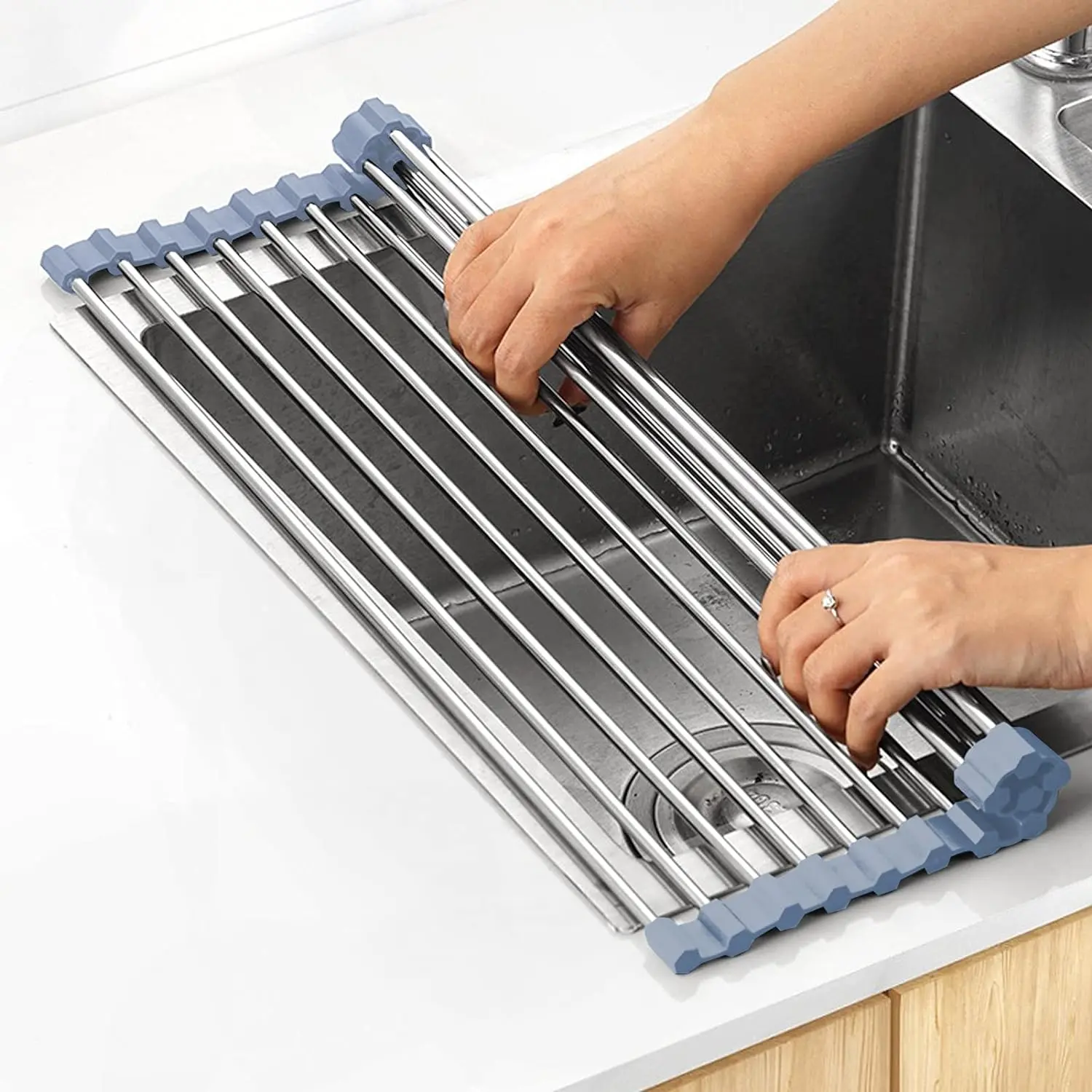 Over The Sink Dish Drying Rack - Foldable Stainless Steel Kitchen Dish Rack, Gray, Roll Up Design Organiser