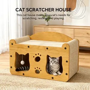 3 in 1 Cat Face Cat Scratcher House | Corrugated Cardboard Cat Bed with Teaser Balls, Anti-Tipping