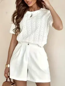 Women's Hollow Out Embroidery Round Neck Short Sleeve Casual Summer Top, Elegant Design for Daily Wear & Stylish Looks