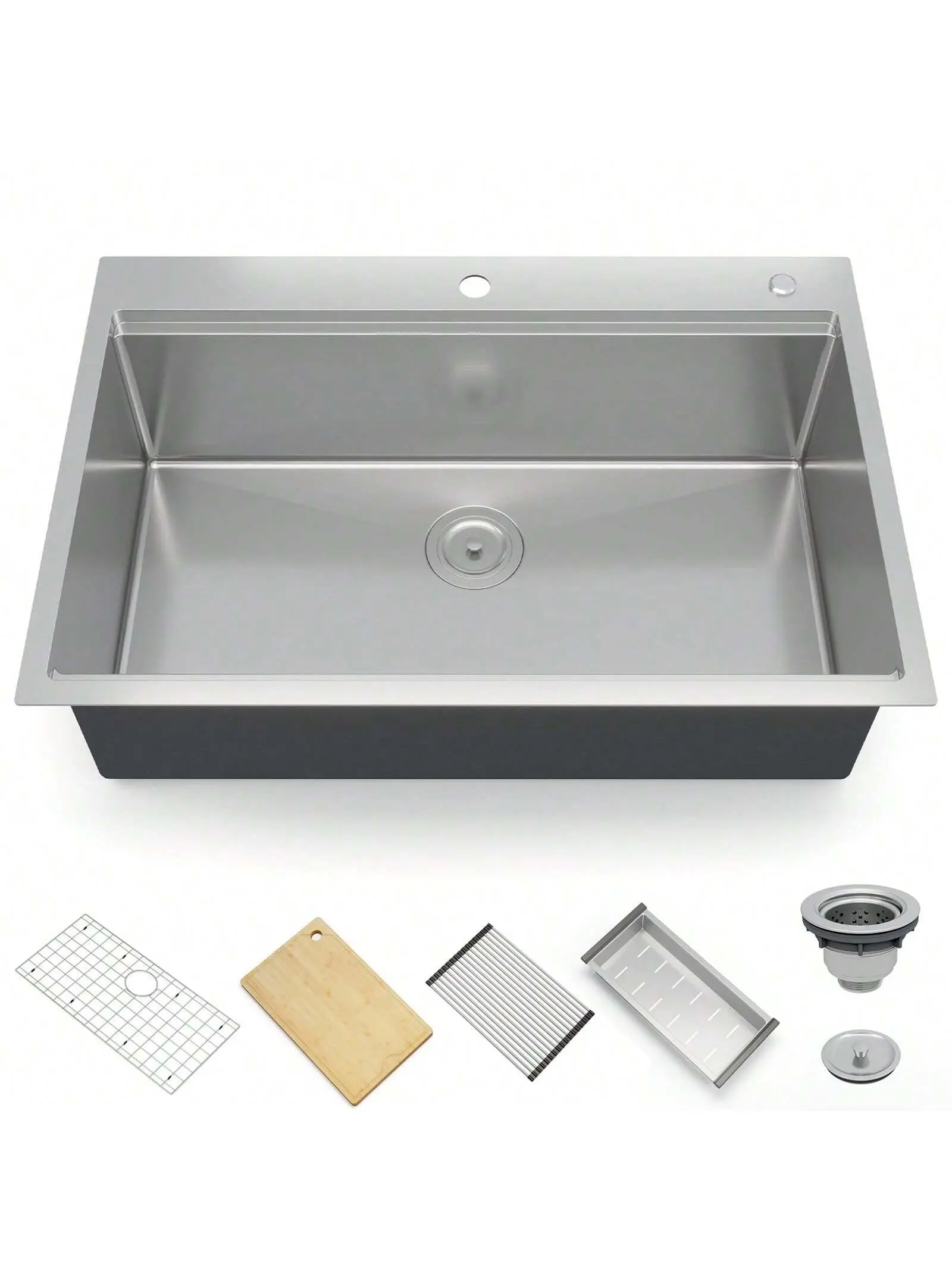 Durable Top Mount Single Bowl Kitchen Sink - 16-Gauge Brushed Nickel Stainless Steel (30/33 in), Complete Kit with Track System, Drainage Basket, Bamboo Cutting Board, Roll-Up Drying Rack & Full Accessories for Kitchen/Bar