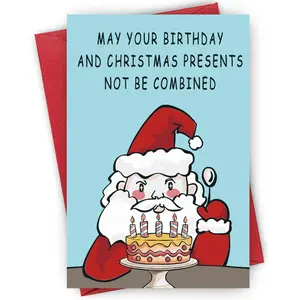 Birthday-Christmas Combo Sarcasm Card - "PRESENTS NOT COMBINED!" Santa Cake Scene, Suitable for December Babies, Witty Gift-Givers, Funny Birthday Card