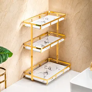 Organizer Countertop Perfume Organizer Makeup Cosmetics Display Rack 3 Tier Tray Dresser Stainless Gold Shelf White Marble Tray (Gold, L)
