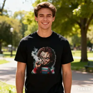 Halloween Chucky-Inspired Men'S 3D Printed T-Shirt - Casual Polyester, Crew Neck, Machine Washable, with Stitched Detail - Black Streetwear Crewneck