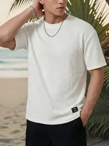 Summer Men's Plaid Embroidered Short Sleeve T-Shirt, Classic Textured Loose Drop Shoulder Round Neck Top, Casual Vacation Versatile Commute