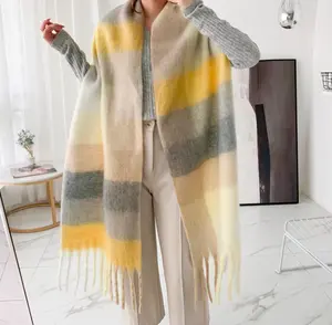 Women's Fluffy Plaid Scarf Casual Tassel Blanket Winter Scarves