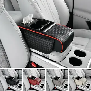 5 in 1 Armrest Cover for Car, Car Armrest Cushion with Cup Holder Phone Mount Storage Bags, 13.4x7.7x3 inch [NAPA Leather] Center Console Cover with Tissue Box, Universal Car SUV Truck Pickup Armrest Storage Box Car Interior Accessories