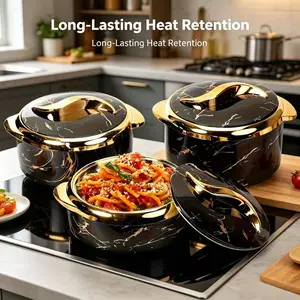 Three-piece set of golden food insulation cookware--stainless steel insulated casserole with lid, hot and cold buffet dishes, portable insulation kettle (household insulation kettle)