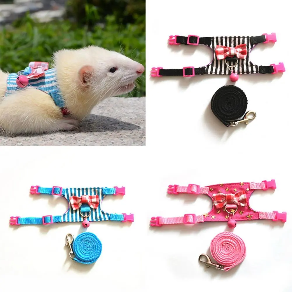 Small Pet Striped Harness Vest - Cute Blue Design, Comfortable Adjustable Fit, Bow-Knot, Bell, Plastic Chest Strap for Hamsters, Rabbits Leash Traction Harnesses