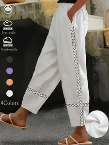 Women's Floral Lace Embroidery Straight Leg Pants, Bohemian Street Trousers, Boho Casual Comfy Trousers for Daily Wear Holiday Vacation, Ladies Bottoms for Spring & Fall