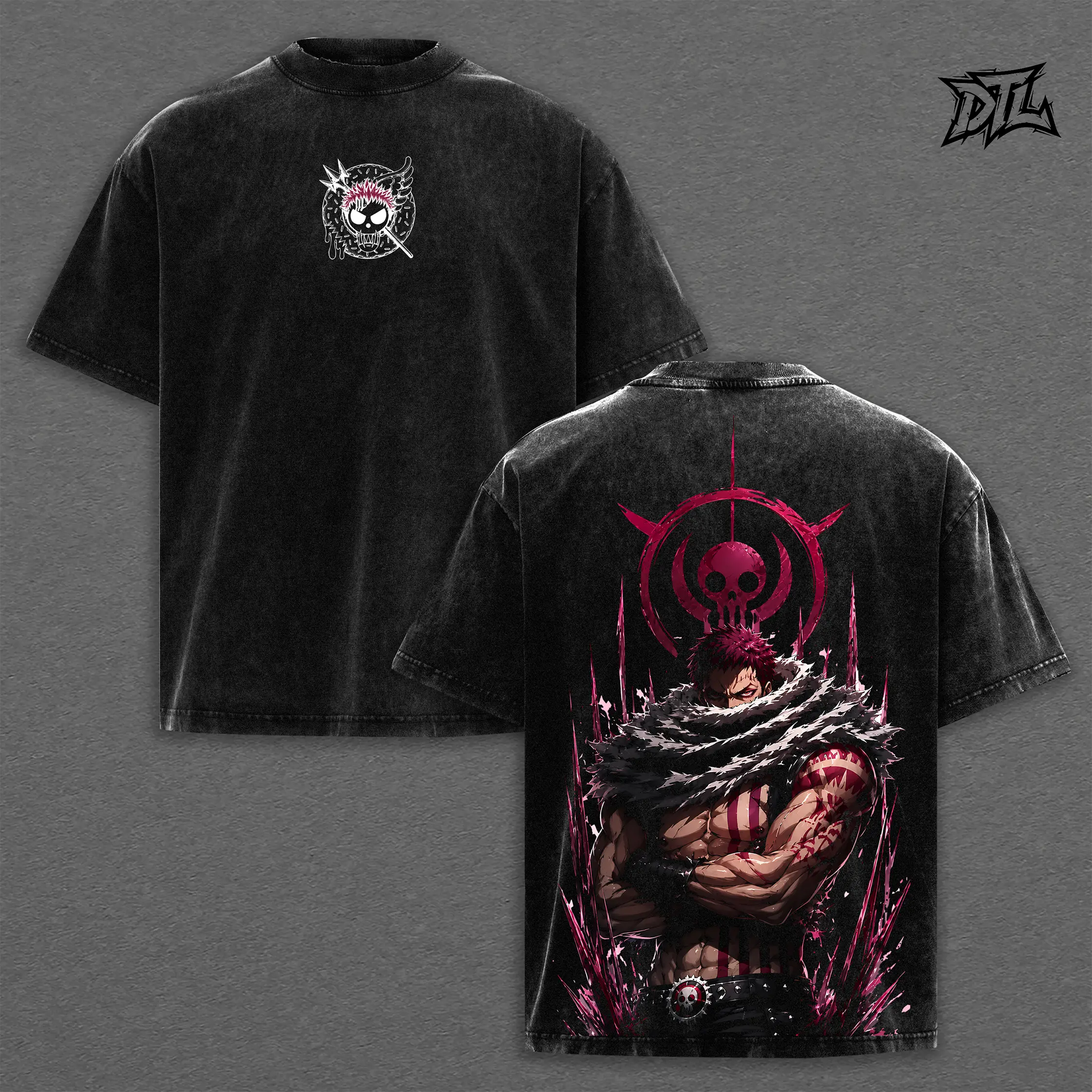 One Piece Katakuri Acid Wash T-Shirt | Oversized Heavyweight Anime Tee Charlotte Katakuri Mochi Power Graphic Print Donut Emblem Vintage Goth Grunge Streetwear Top Unisex