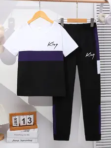 Boy's Letter Print Tee & Side Stripe Sweatpants Set, Colorblock Short Sleeve T-shirt & Jogger Pants, Casual Summer Outfits Clothes for Kids