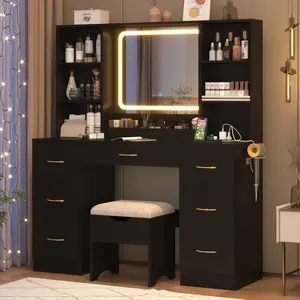 47 inch Large Vanity Desk w/ 7 Drawers,Cushion Stool,Outlet,6 Shelves,Black Make up Vanity Table Set 3 Lighting Modes Brightness for Bedroom Dressing Room