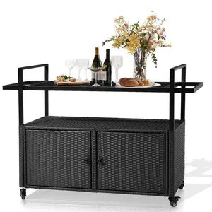 Outdoor Wicker Bar Cart Table - Large Rolling Island Cart with Glass Top, Storage Cabinet, Handles & Wheels for Porch, Backyard, Poolside (Black) bbq party