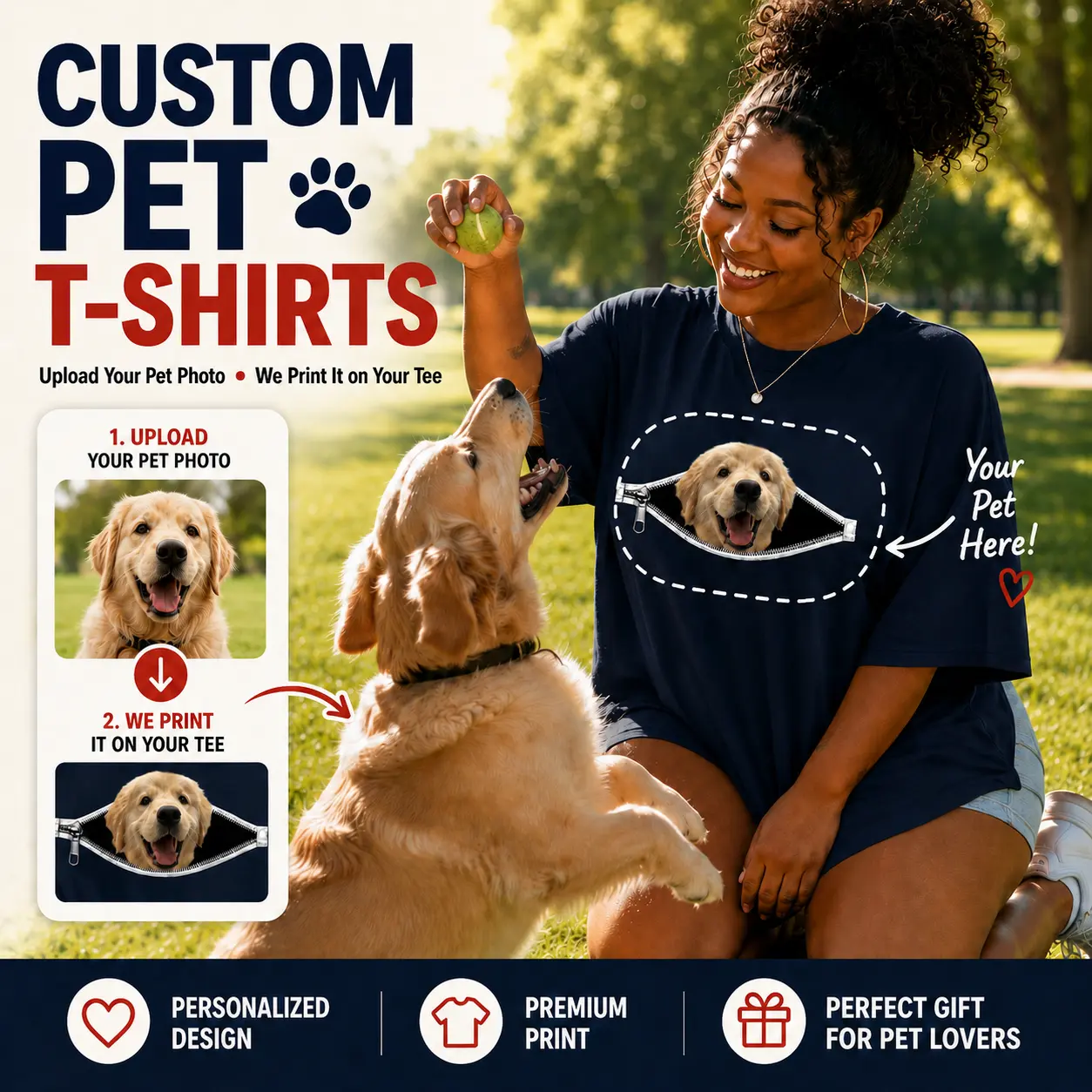 ADDICTIVEF Custom Pet Zipper Peek T-Shirt, Personalized Dog Photo Shirt, Funny Pet Lover Tee, Unique Puppy Cat Face Graphic Shirt, Oversized Unisex Couple Gift for Dog Moms & Dads