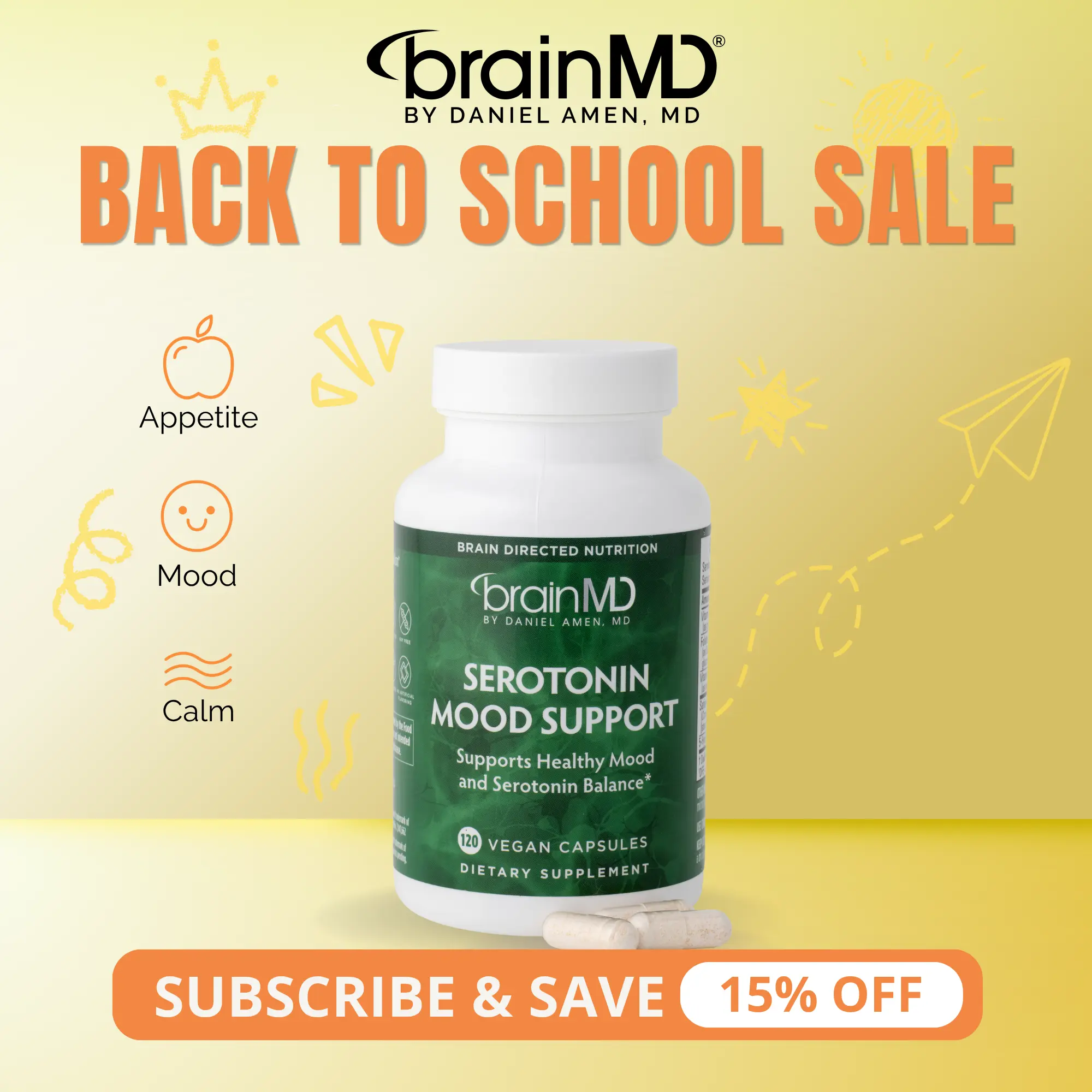Serotonin Mood Support | BrainMD | 120 Capsules | Mood & Emotional Balance Support | Calm Focus & Healthy Appetite Support | Satiereal Saffron Extract with 5-HTP