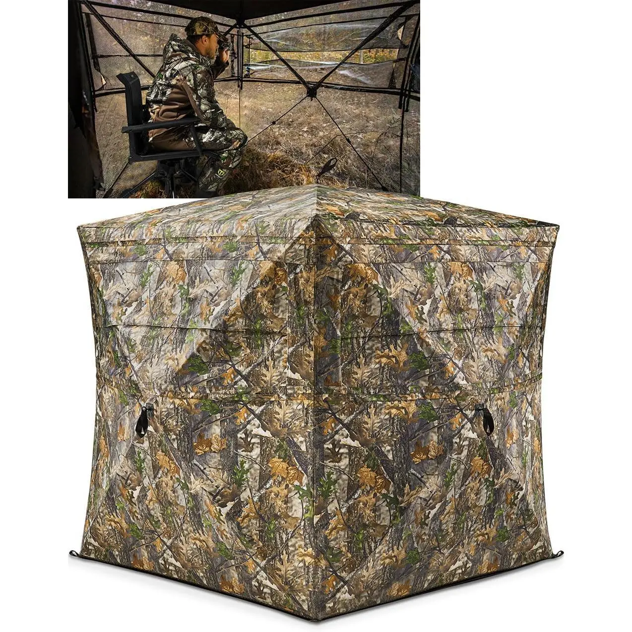 Hunting Ground Blind for 1-4 Hunters, Portable Pop Up Shelter with 270-Degree See-Through View, Noise-Free Windows & 10mm Fiberglass Poles, Forest Fade Camo, Includes Carrying Bag, 270-Degree Unobstructed Wide View, Adult, 10Mm Fiberglass Support Poles, O