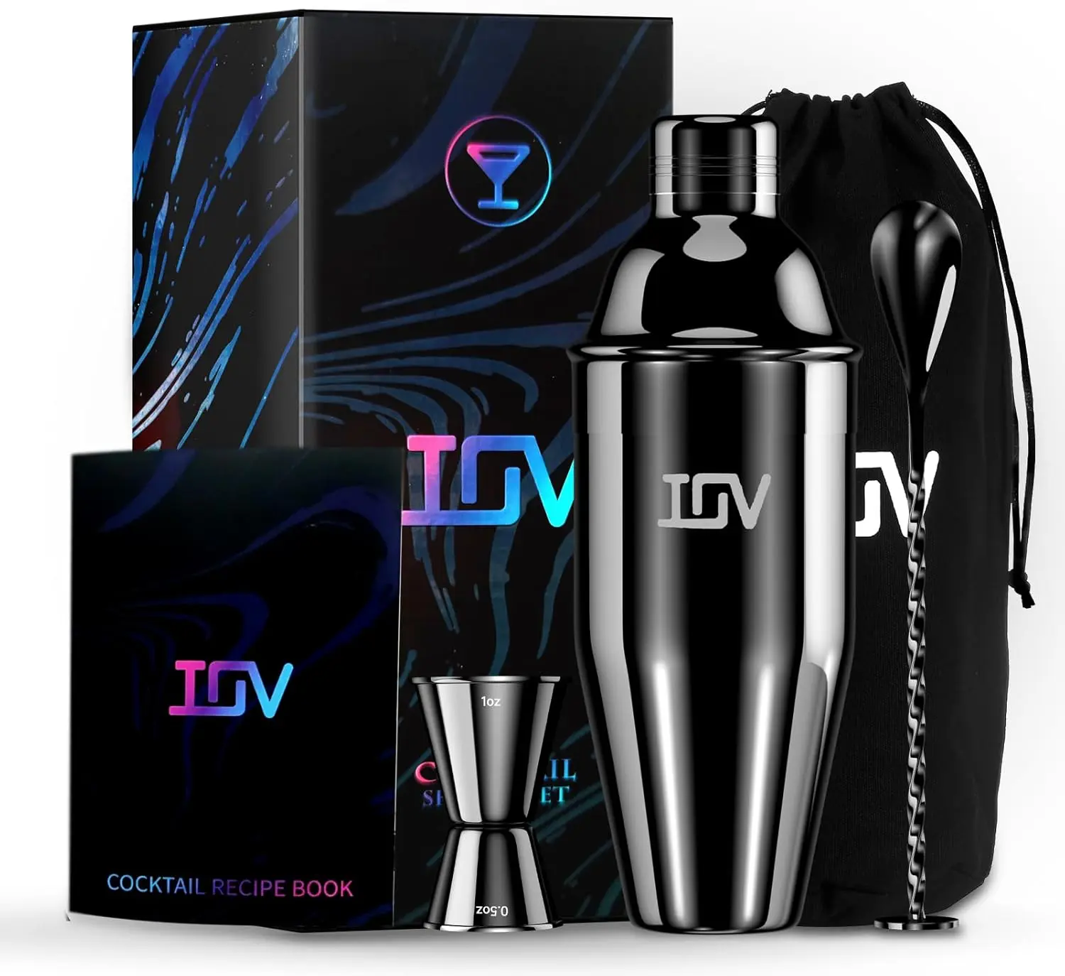 IOV Cocktail Shaker Bar Set, 24oz Martini Shaker with Built-in Strainer, Bar Tool Kit with Recipes Booklet, Professional Stainless Steel   #SummervibesLarge Bartender Drink Shaker Margarita Alcohol Mixer Utensils Black  #Summervibes