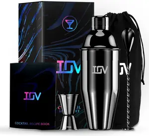 IOV Cocktail Shaker Bar Set, 24oz Martini Shaker with Built-in Strainer, Bar Tool Kit with Recipes Booklet, Professional Stainless Steel Large Bartender Drink Shaker Margarita Alcohol Mixer Utensils Black