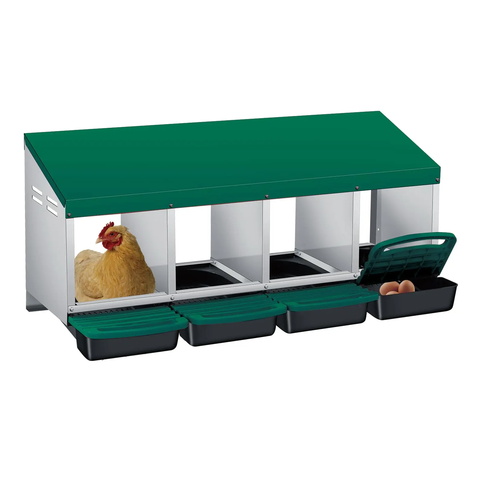Chicken Nesting Box 4-Compartment Roll-Out with Pull-Out Trays, Egg Nesting Boxes for Hens, Chicken Coop Laying Box,Easy Wall Mounting ,Green
