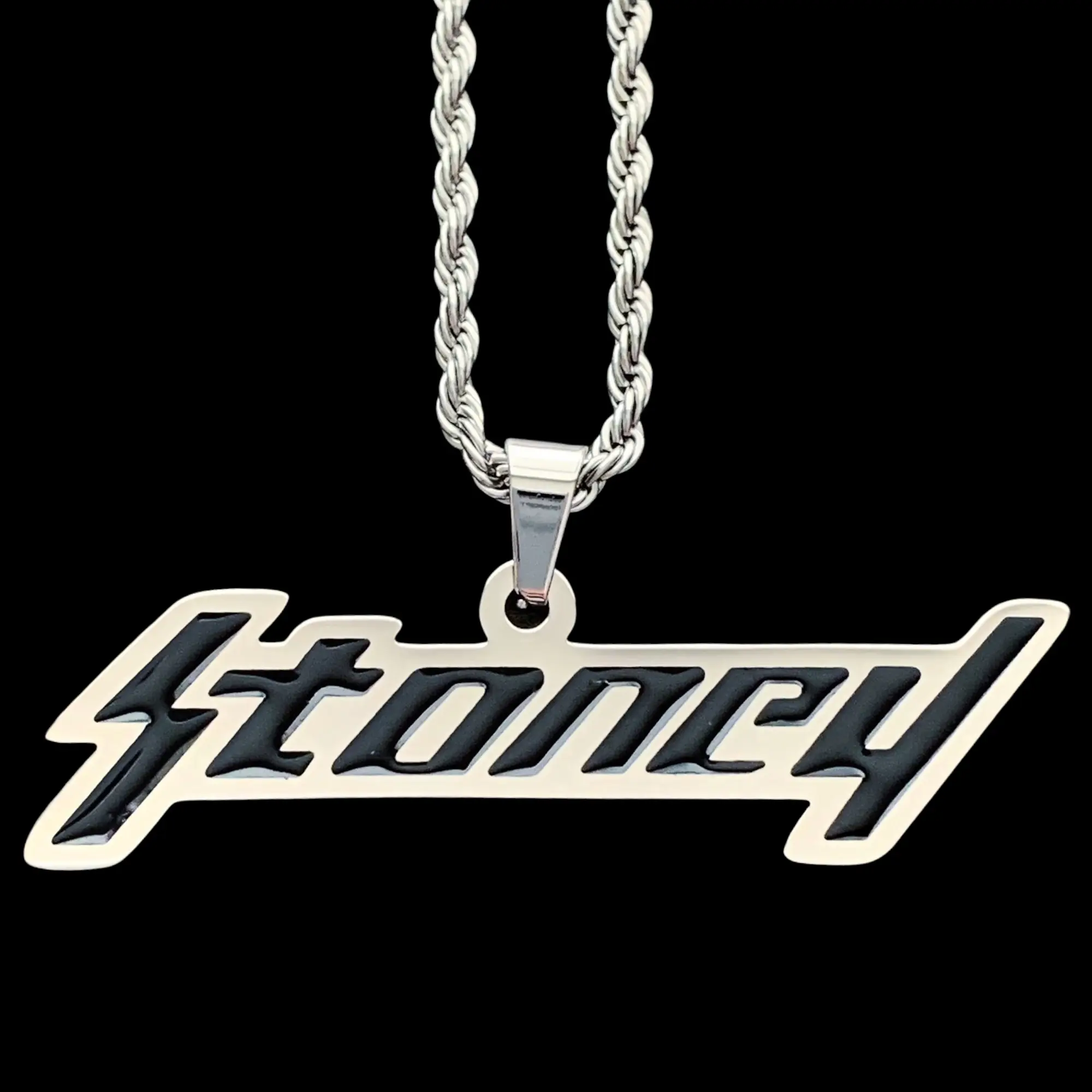 Black Stoney Necklace 1.25" Mirror Polished Stainless Steel Hypoallergenic Laser Cut Malone Pendant with Hard Enamel Finish Post Posty Free Gift Included