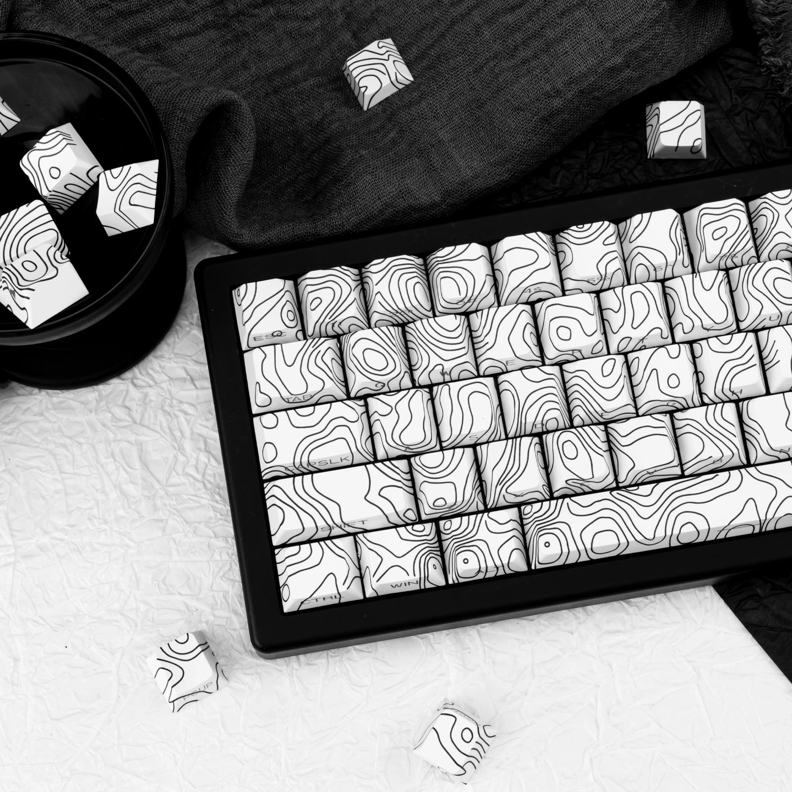 131 Keys PBT White Topographic Keycaps, Side Print Shine Through