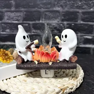 Ghost Campfire Flickering Nightlight - 3D LED Small Electric Faux Campfire Night Light with Spooky Fire Marshmallow Design for Indoor Decorations & Halloween Gifts