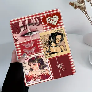Vintage Red Y2K Plaid design Folding Stand Case for iPad, Transparent Acrylic Hard Back, Gothic Girl Collage Aesthetic Pencil Slot & Charger Slot, Scratch-Resistant Slim Protective Cover for iPad Mini, Pro, Air Scratch-resistant ultra-thin protective case