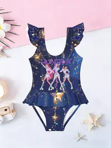 Star Sequins Girls' One-Piece Swimsuit, Cute Hem Sleeve Sun Protection Swimwear, Casual Slim Fit All-Over Printed Design
