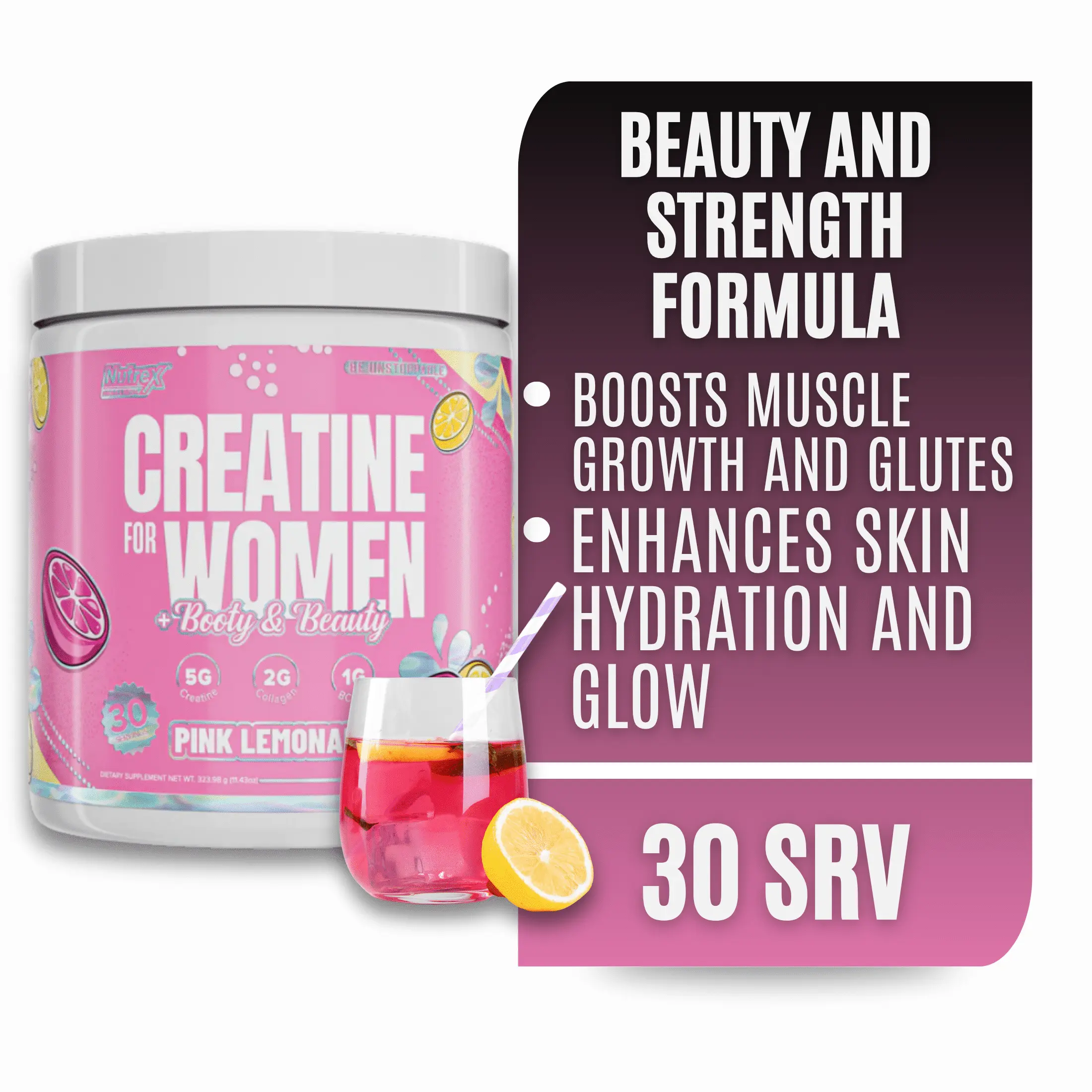 Creatine for Women Booty & Beauty – Pink Lemonade | 5g Creatine, 2g Collagen, BCAAs & Hyaluronic Acid for Glutes, Strength & Skin Nutrex Research 30 Servings)