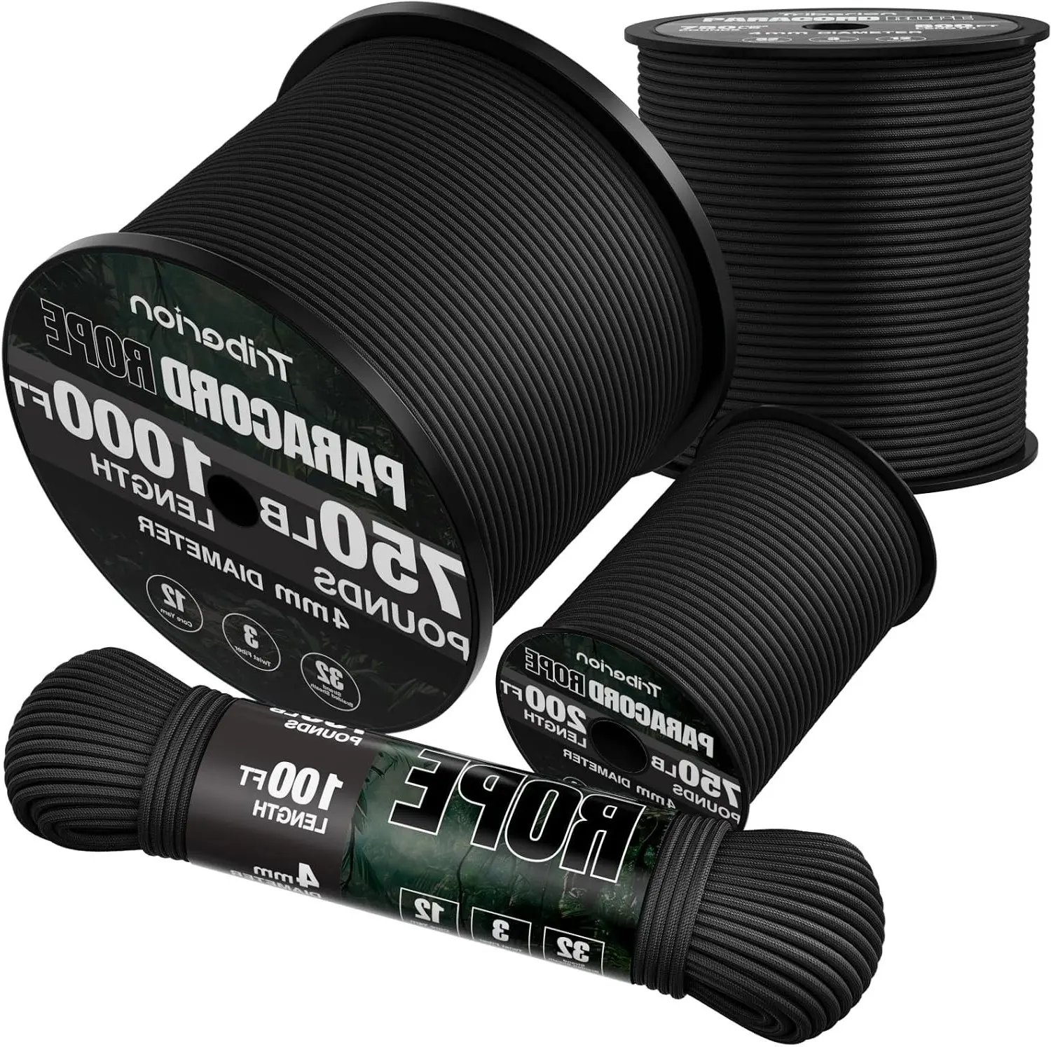Paracord Rope 750 lb - 1000ft / 500ft / 200ft / 100ft 5/32" Parachute Cord 4MM 12-Strand Heavy Duty Spool String for Survival, Camping Gear, Bracelet, Clothesline