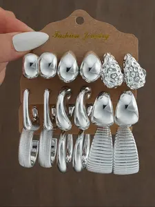 Women's Elegant Silver Earrings Set, Trendy Jewelry, Geometric Irregular Design, Perfect for Parties & Gifts, All Seasons Wear