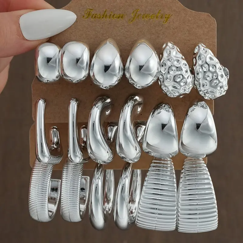 Women's Elegant Silver Earrings Set, Trendy Jewelry, Geometric Irregular Design, Perfect for Parties & Gifts, All Seasons Wear