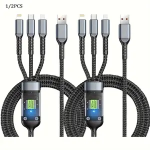 100w Max 3-In-1 Fast Charging Cable, Durable Nylon Braided, USB-C to USB-A & Micro USB, Quick Charge for iPhone Android Phones, Lightning Charging Cable, 1.2m