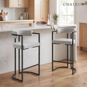 【Summervibes】CHAIRUS 26 Inch Velvet Modern Bar Stools Set of 2 Faux Fur Upholstered Bar Chairs with Metal Base Footrest, Kitchen Counter Chairs for Home Bar/Pub/Dining Room/Kitchen Island, White